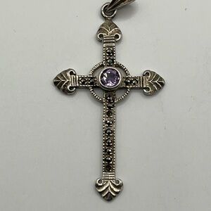 Sterling Silver Cross Pendant with Marcasite accents and Amethyst center